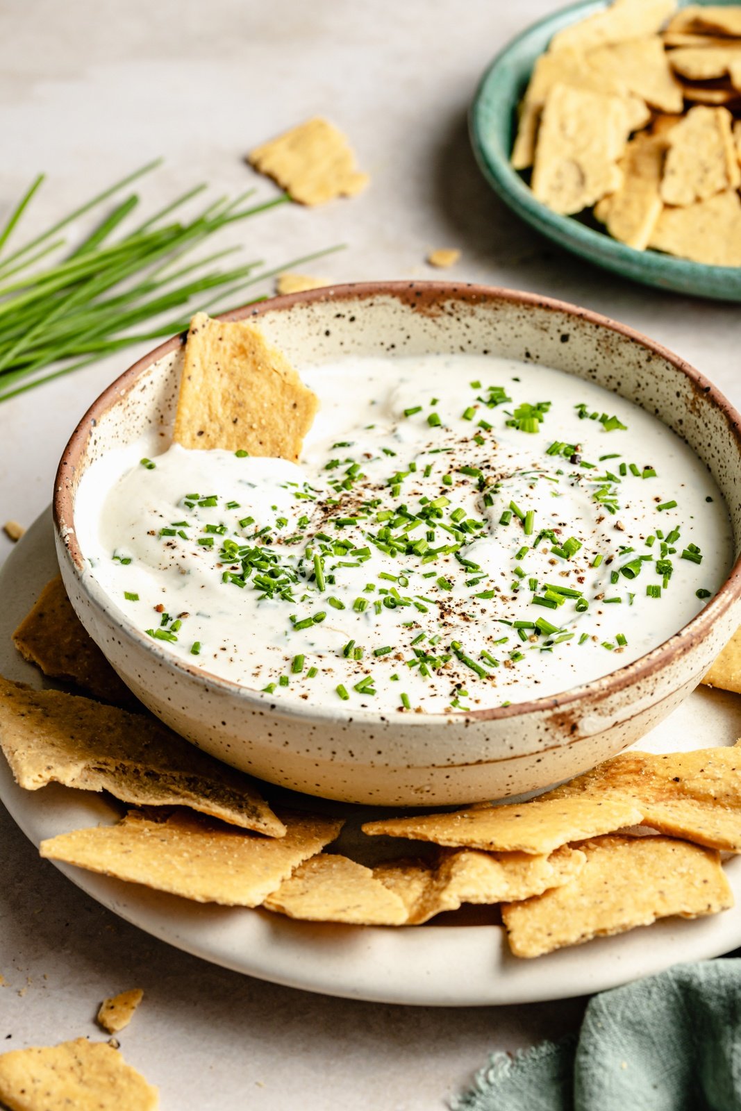 healthy sour cream and onion dip in a bowl next to crackers