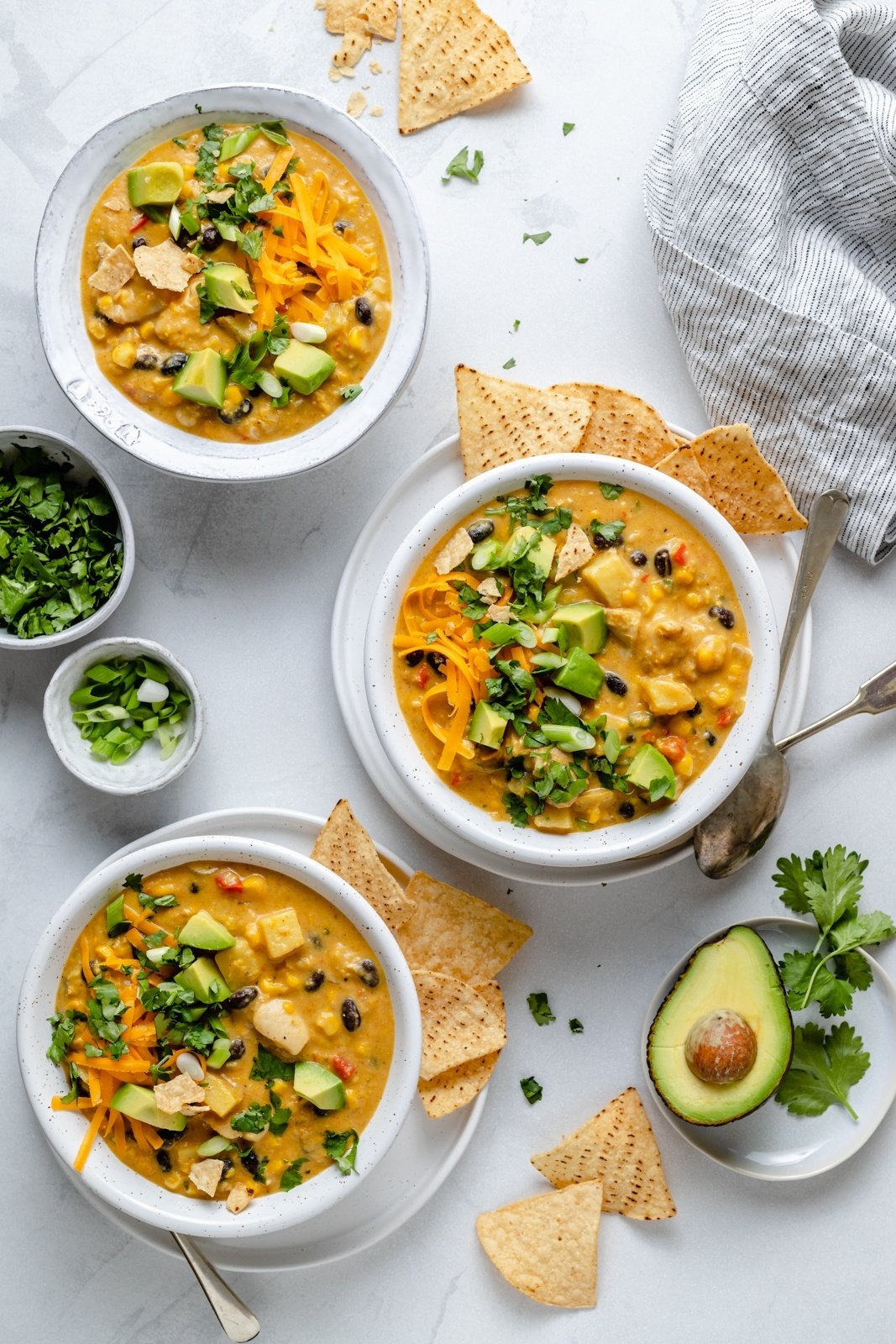 three bowls of southwest chicken corn chowder