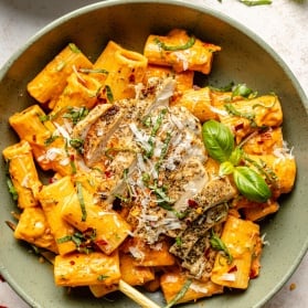 tomato basil chicken pasta in a bowl