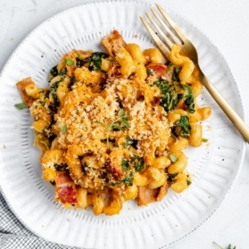 pumpkin mac and cheese with bacon on a plate