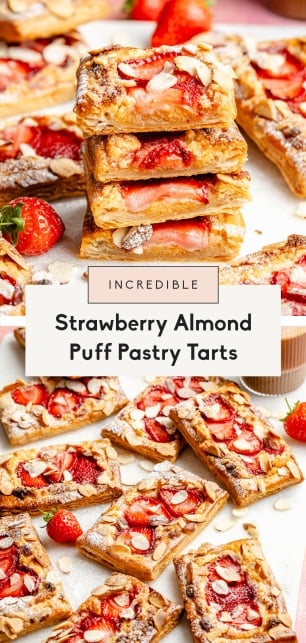 collage of strawberry almond puff pastry tarts