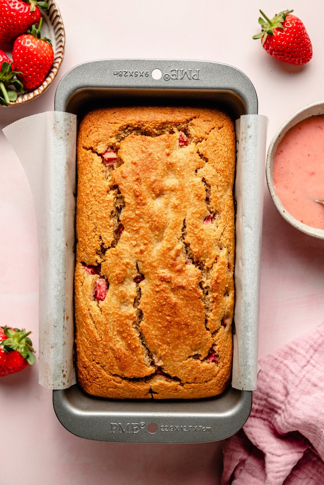 gluten free strawberry bread in a loaf pan