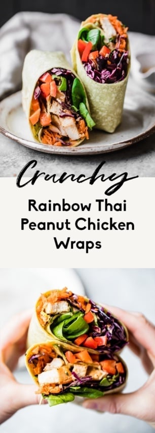 collage of thai peanut chicken wraps