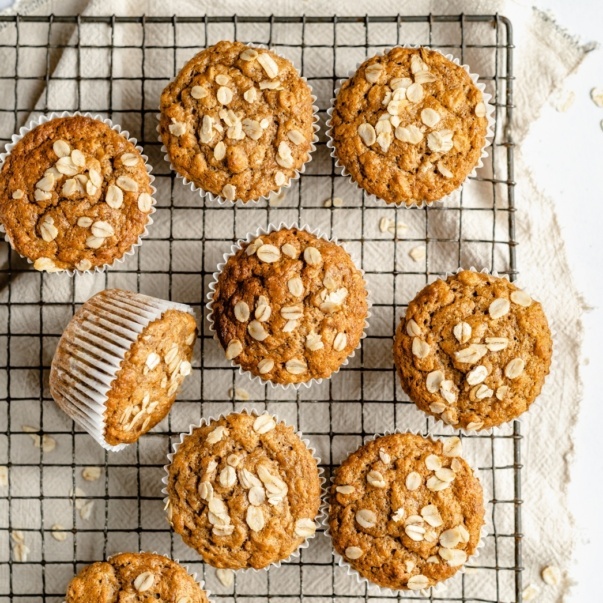 vegan banana oatmeal muffins on a wire rack