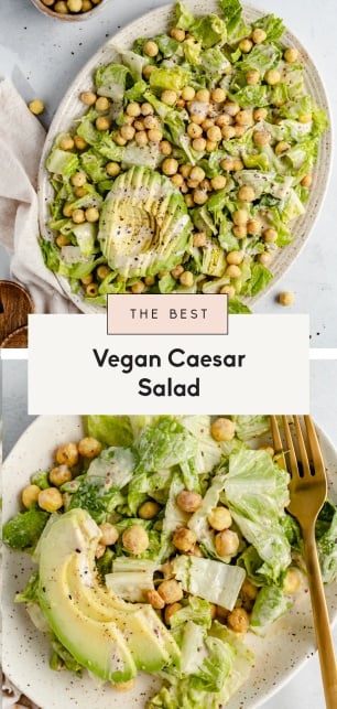 collage of vegan caesar salad