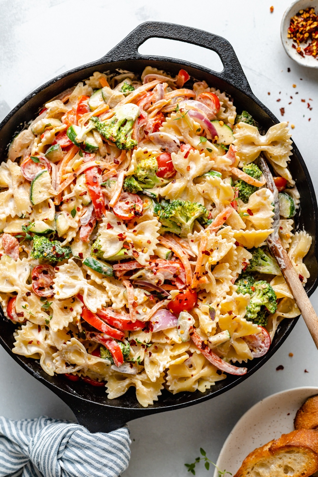 easy vegan pasta primavera in a skillet