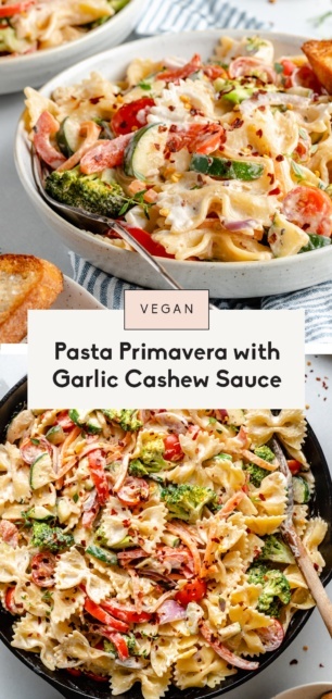 collage of vegan pasta primavera