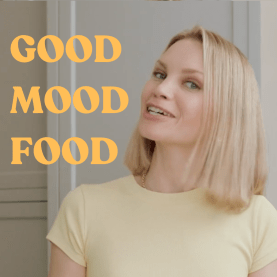 monique from Ambitious Kitchen with "good mood food" text overlay