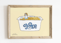 kitchen print of a woman in a mac and cheese casserole dish